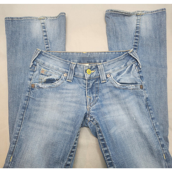 TRUE RELIGION Y2K Disco Becky Big T Boot Cut Distressed Jeans Womens Sz 27 - Picture 1 of 6